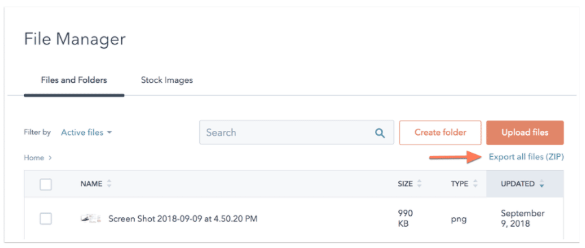 File manager files and folders and the Export all files (ZIP) option.