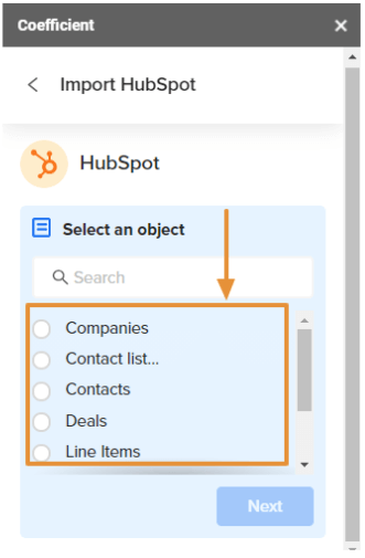 HubSpot list of Objects.