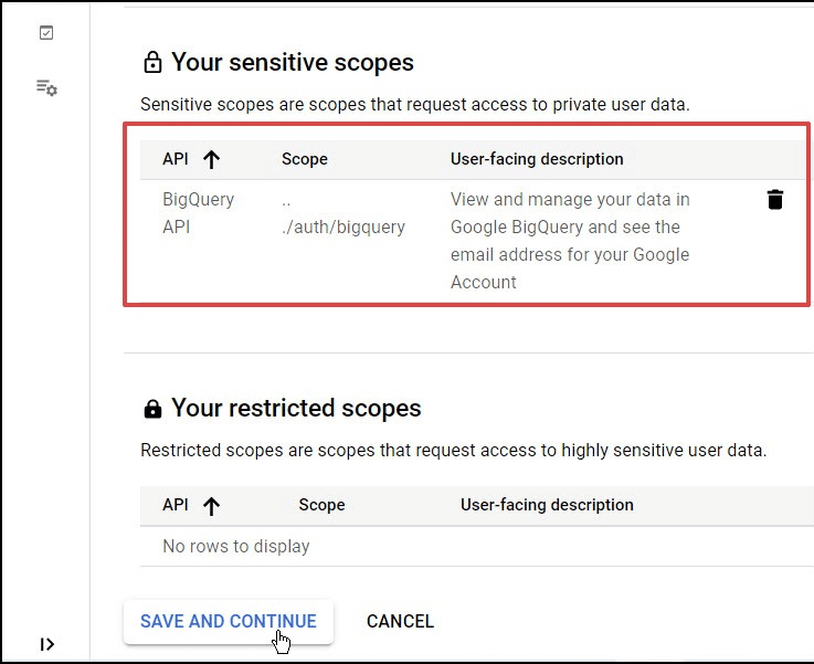 big query API google sheets