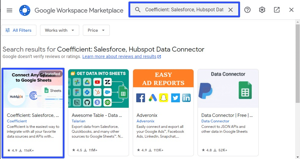 Select Coefficient in the Google Workspace Marketplace