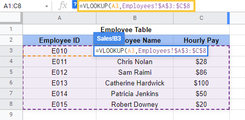 vlookup lock cell range