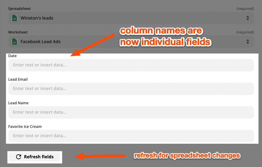 Setting up the Google Sheets action in the Zap editor. A red arrow points to empty fields created from the column names in a Google Sheet.