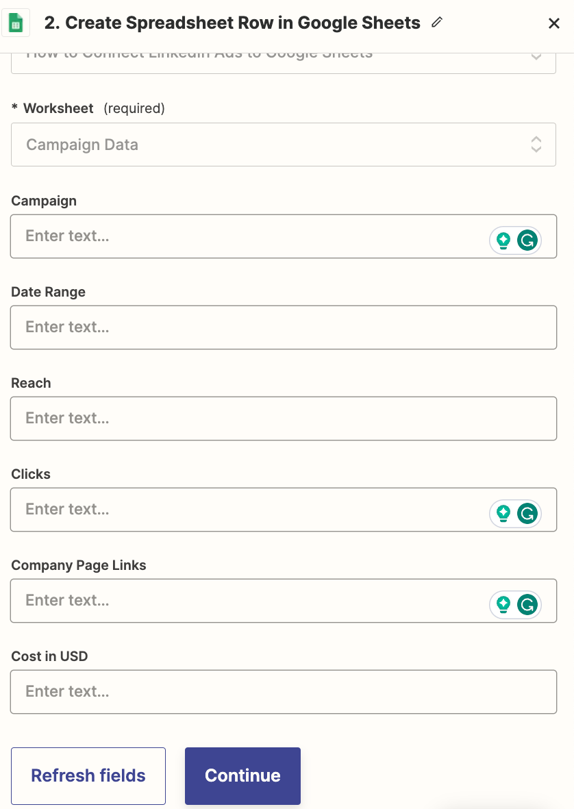 Now you can map event data from LinkedIn to each column in your spreadsheet.