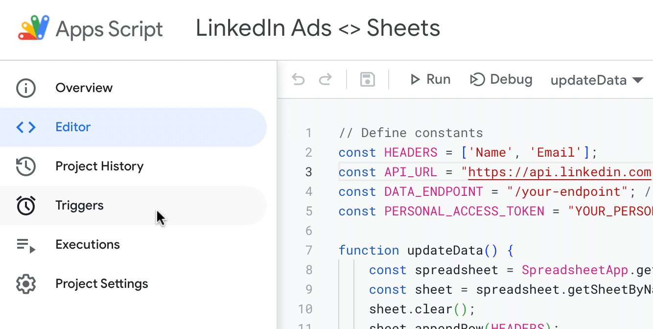 Click on the clock icon to open the project's triggers.