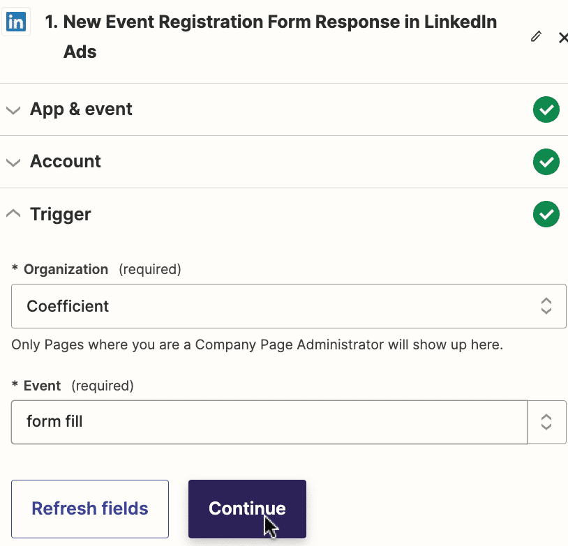 click continue. zapier will retrieve test data from your trigger app.
