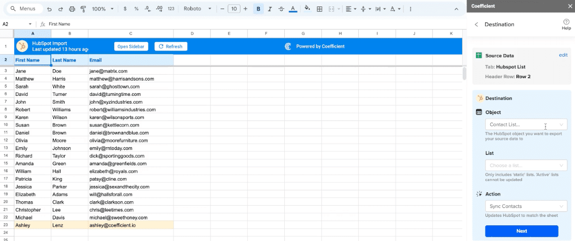 Choose the HubSpot object you want to export your source data to.