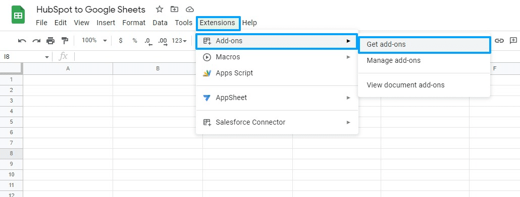 This image shows how to access Coefficient - go the add-ons section of Google Sheets to launch the app.