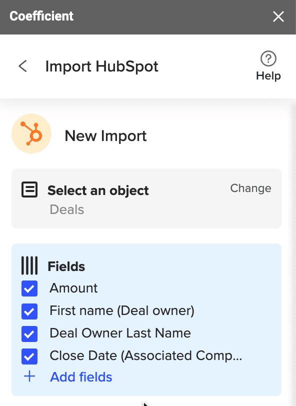 select your fields: Amount, First name (Deal owner), Last name (Deal owner), and Close Date.