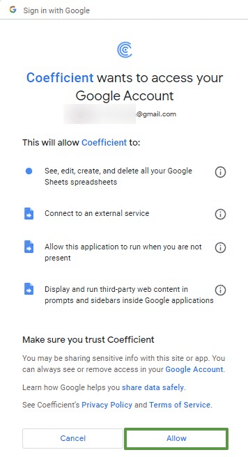 Grant Coefficient access to your Google Account.