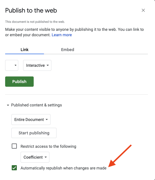 'Automatically republish when changes are made'.