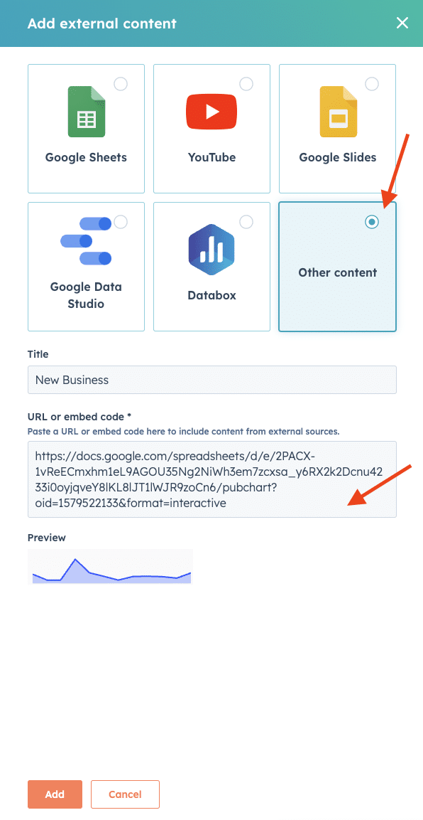 Insert the copied Google Sheets link and click 'Add'.