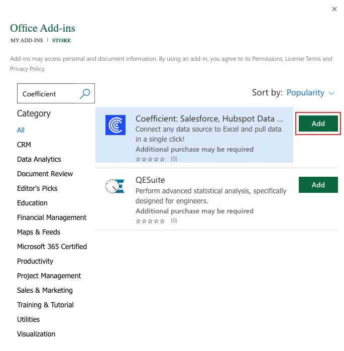 Searching for 'Coefficient' in the Excel Add-ins Store search bar