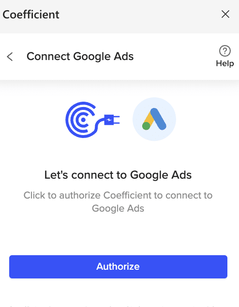 Image illustrating the authorization process of Coefficient to access a Google Ads account.