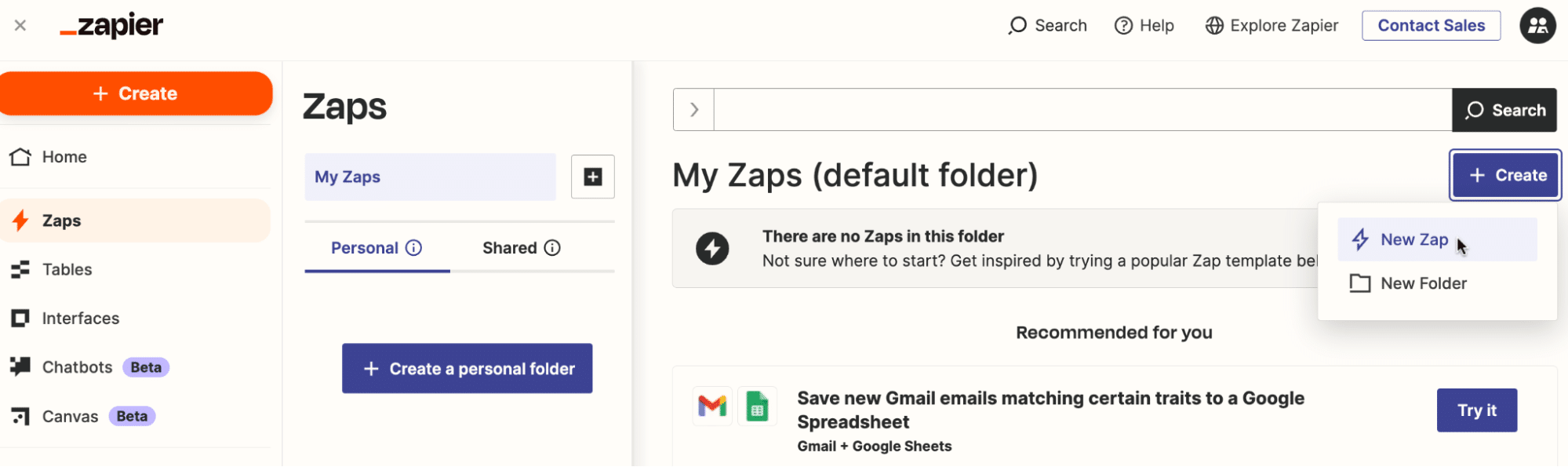 Image showing the initial screen on Zapier with the '+ Create' > 'New Zap' button highlighted.