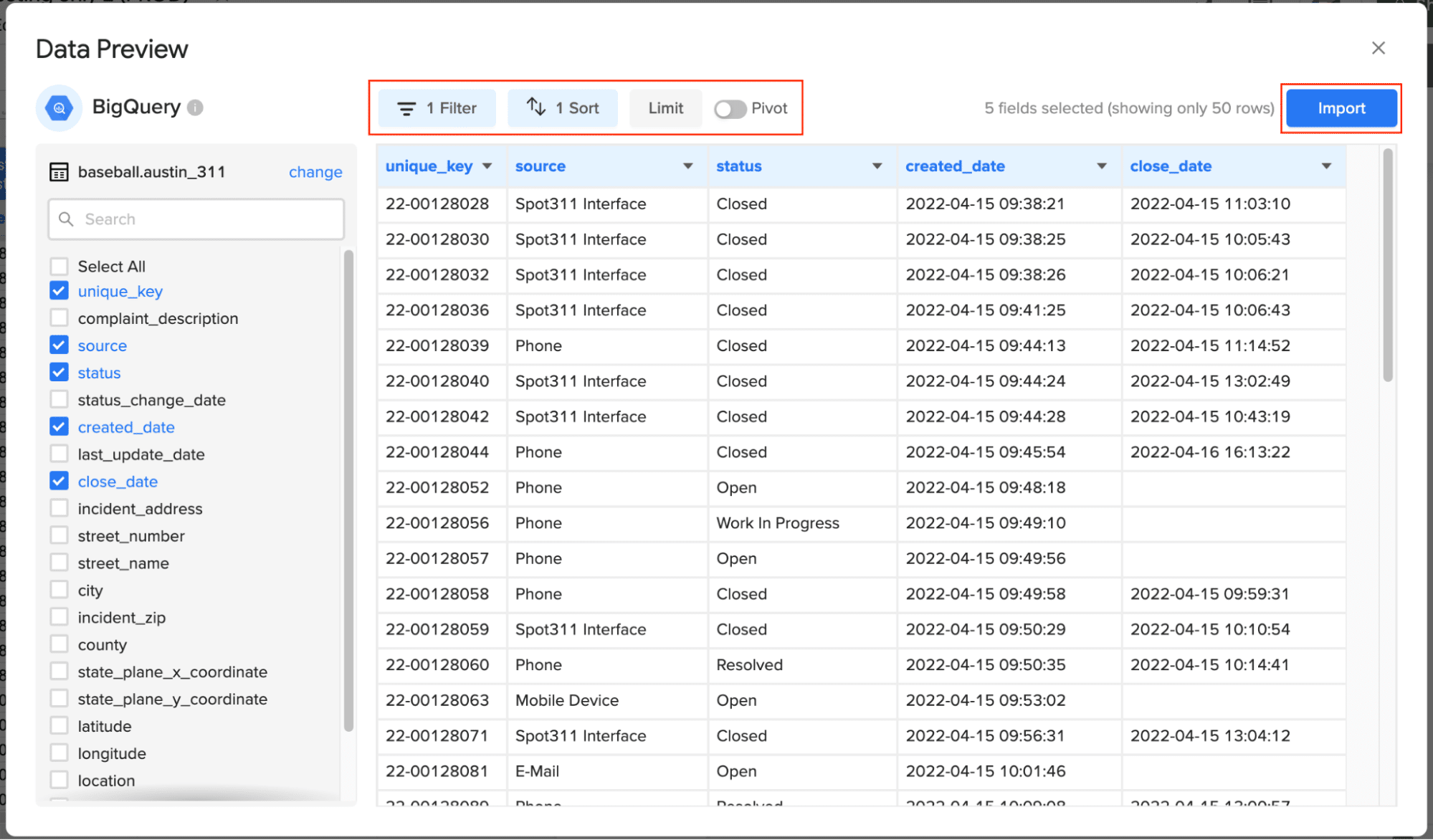 Customizing import with filters, sort, limit, and Pivot feature for data management