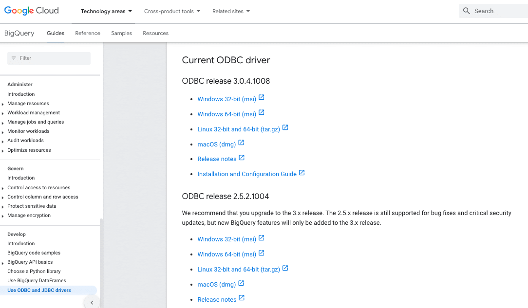 Downloading the ODBC driver for BigQuery from the official Google Cloud website