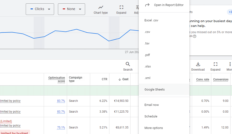 Screenshot capturing the moment of selecting 'Excel CSV' as the format from the download options icon.
