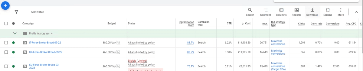 Screenshot showing the navigation to 'Reports' section within the Google Ads interface.
