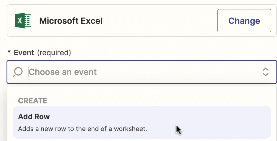 Image highlighting the selection of Microsoft Excel Online as the action app in the Zap creation process.