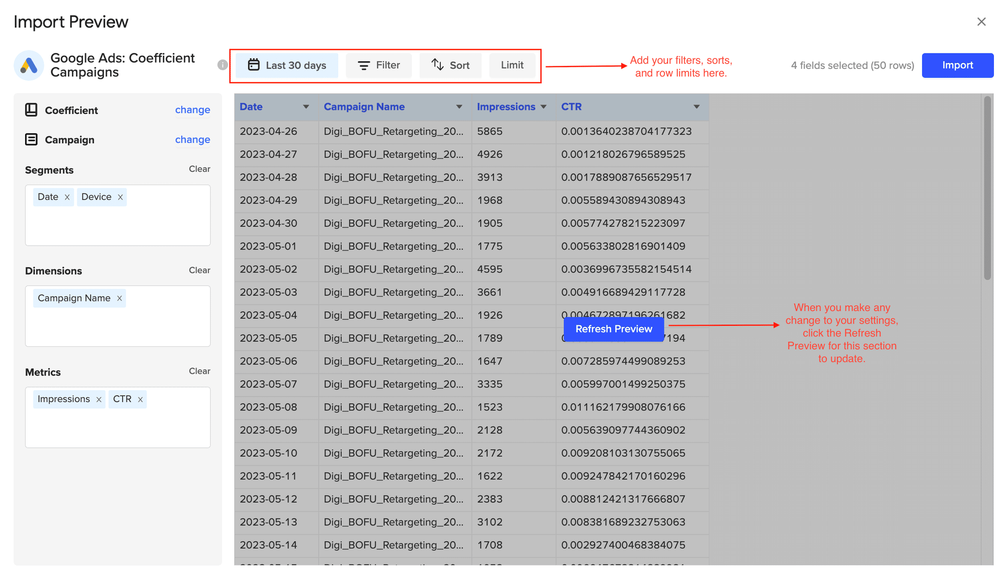 Visual representation of an object selected (e.g., "Campaign") from the list for data import from Google Ads via Coefficient.
