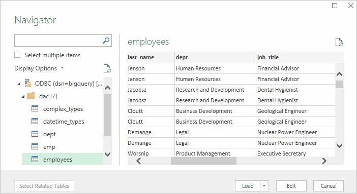 Choosing specific tables or queries to import to Excel after ODBC connection