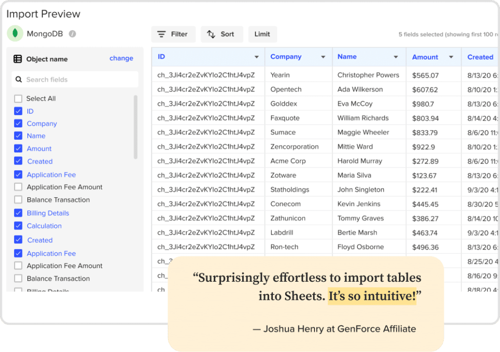 MongoDB to Excel Data Import preview