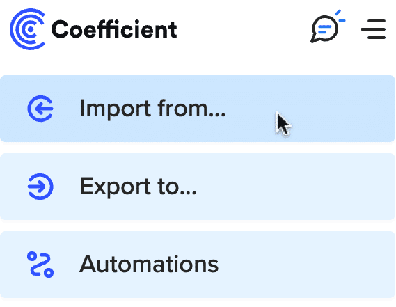 Accessing the 'Import from...' option in the Coefficient menu in Microsoft Excel.
