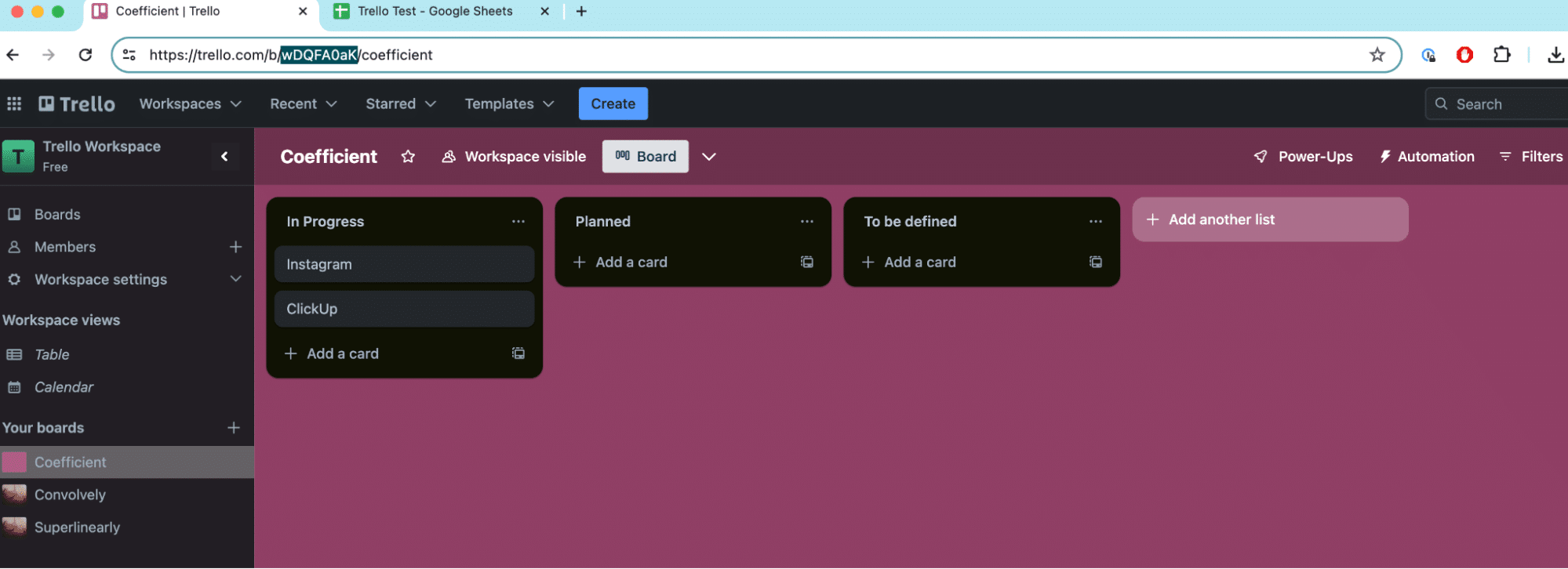 The board ID pasted into the Coefficient sidebar for fetching Trello cards.