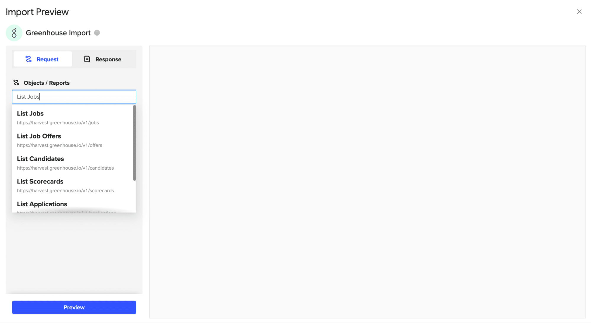 Reviewing available Greenhouse objects for import in Coefficient preview menu in Google Sheets.