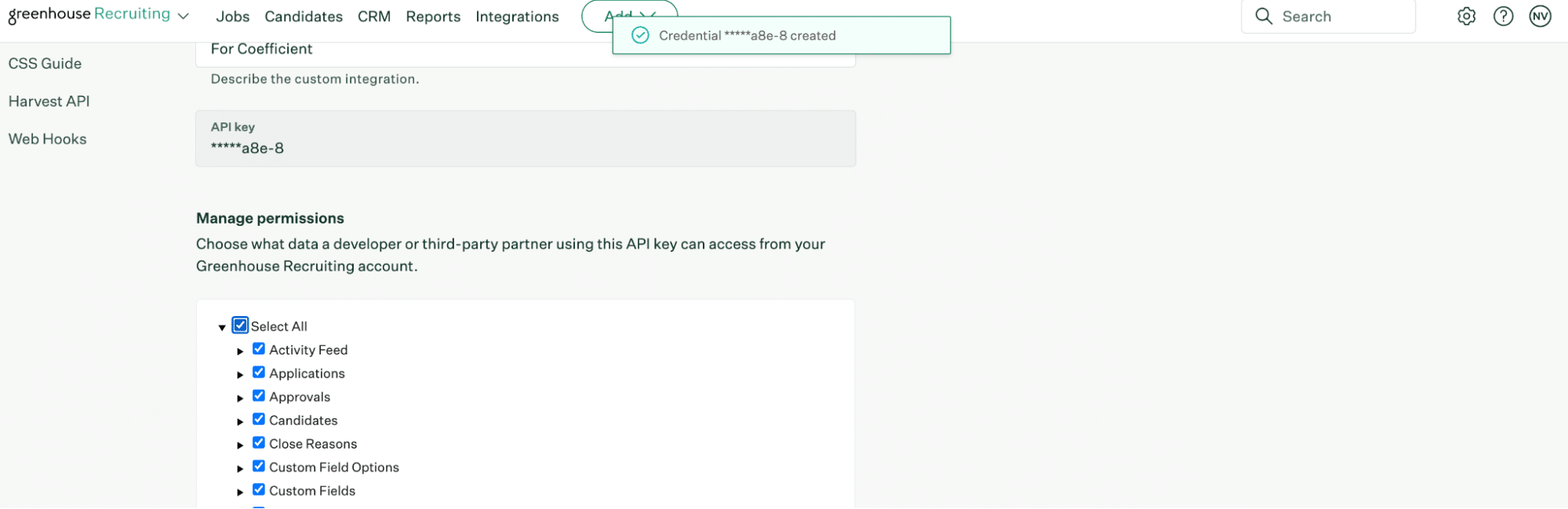 Selecting specific permissions for the Greenhouse API key in Google Sheets.