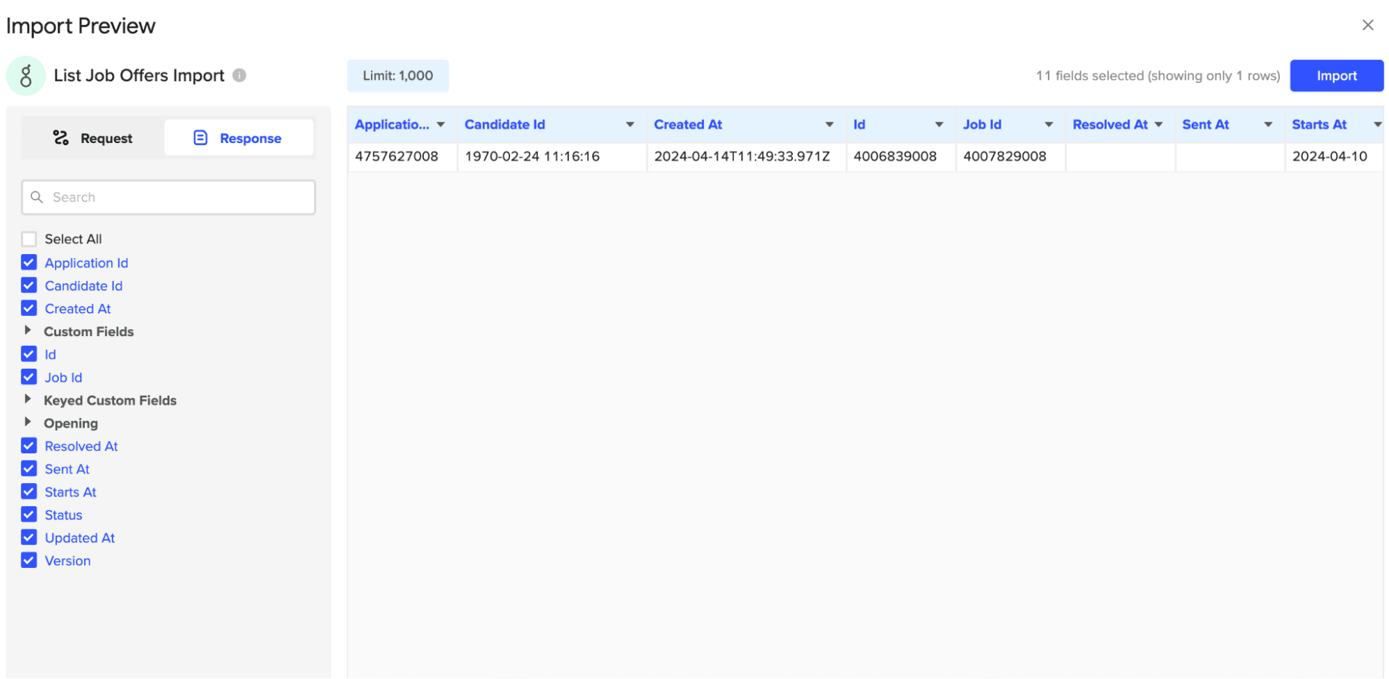 Selecting the 'List Jobs' endpoint from Greenhouse for data import into Google Sheets.