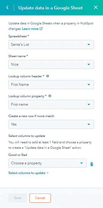 hubspot new row creation in google sheets
