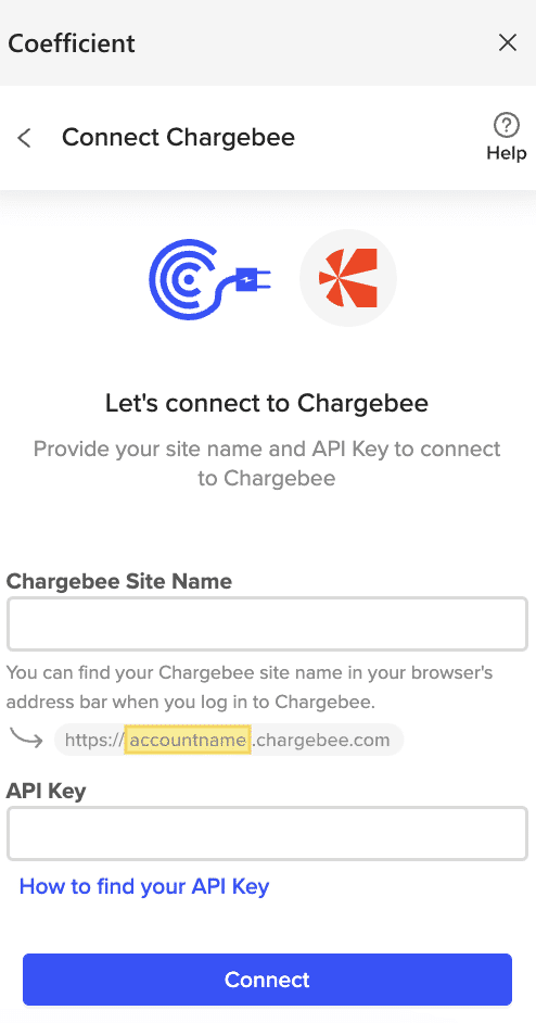 Fill prompted information to authorize Chargebee connection through Coefficient