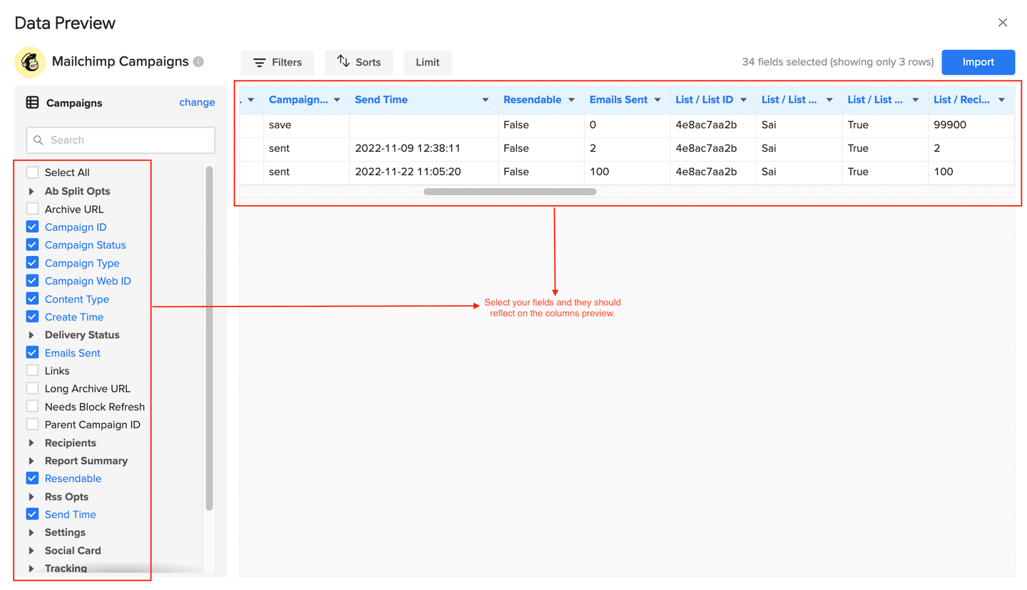 Select data to be connected from Mailchimp to Google Sheets using Coefficient