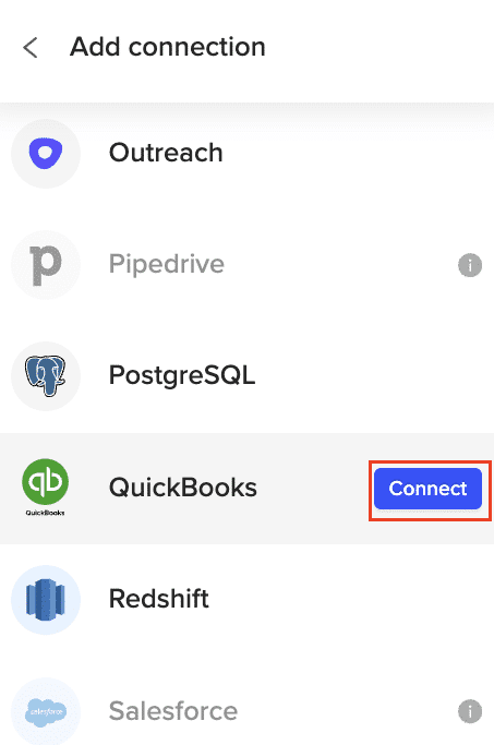 Choose Quickbooks as your data source in Coefficient sidebar