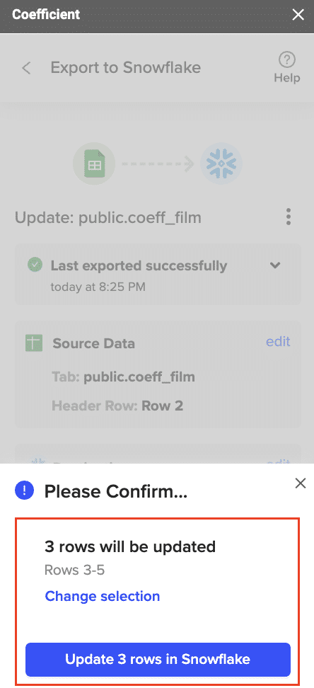 Confirm the settings to push data into Snowflake from Google Sheets in Coefficient Add-on