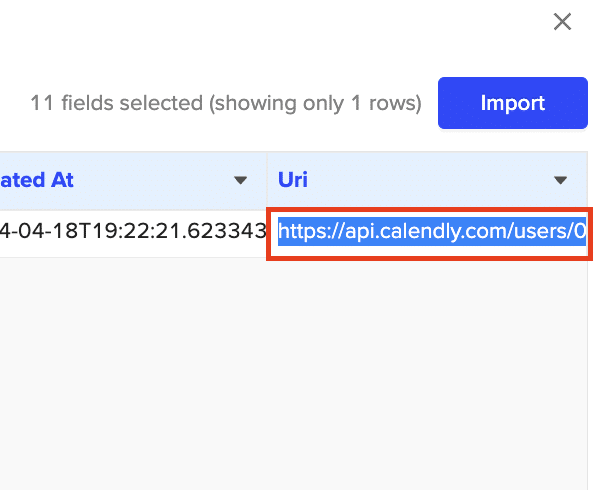 The user URI pasted into the required field for the Get Events object in Coefficient.