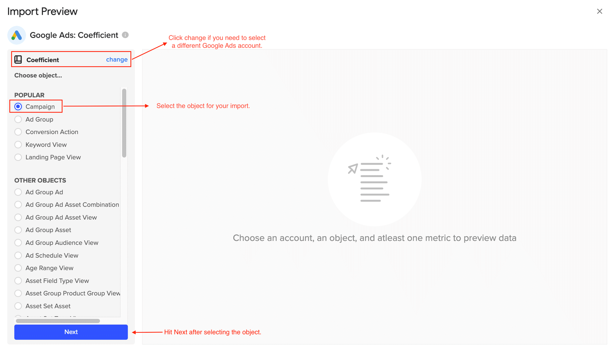 Select data to be connected from Google Ads to Google Sheets using Coefficient