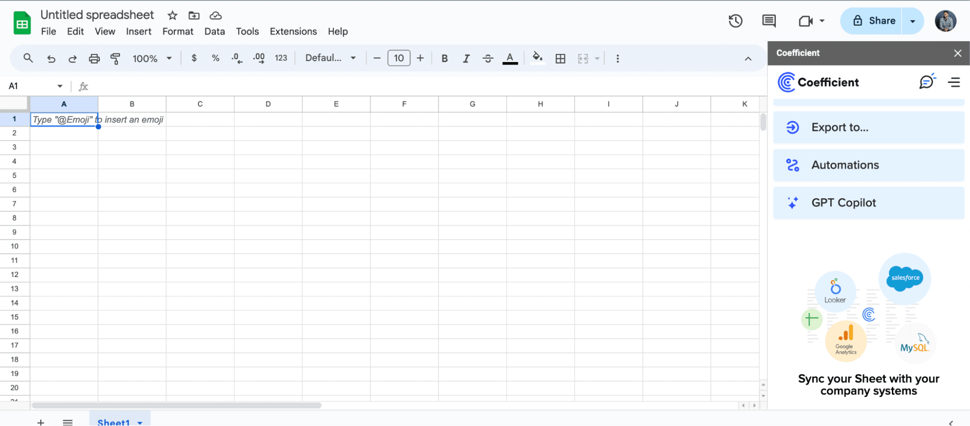 The Coefficient sidebar open in a Google Sheets spreadsheet.
