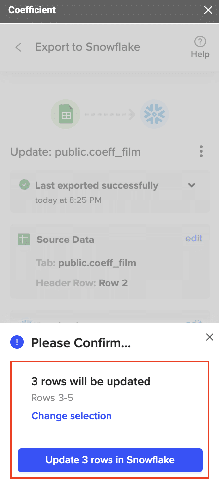 Click on "Update Rows in Snowflake" to push the data from Google Sheets to Snowflake