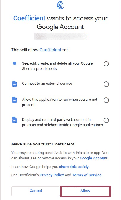 authorize coefficient to connect bigin to google sheets