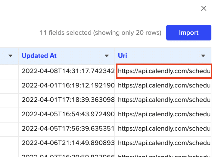 The imported Calendly event data in a Google Sheets spreadsheet.