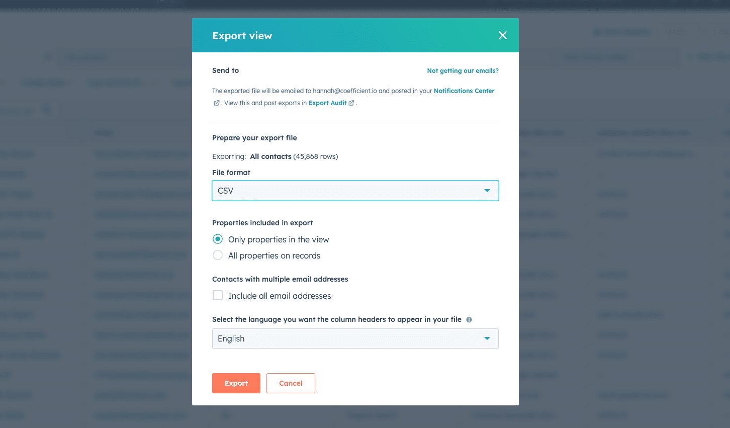 manually export hubspot data
