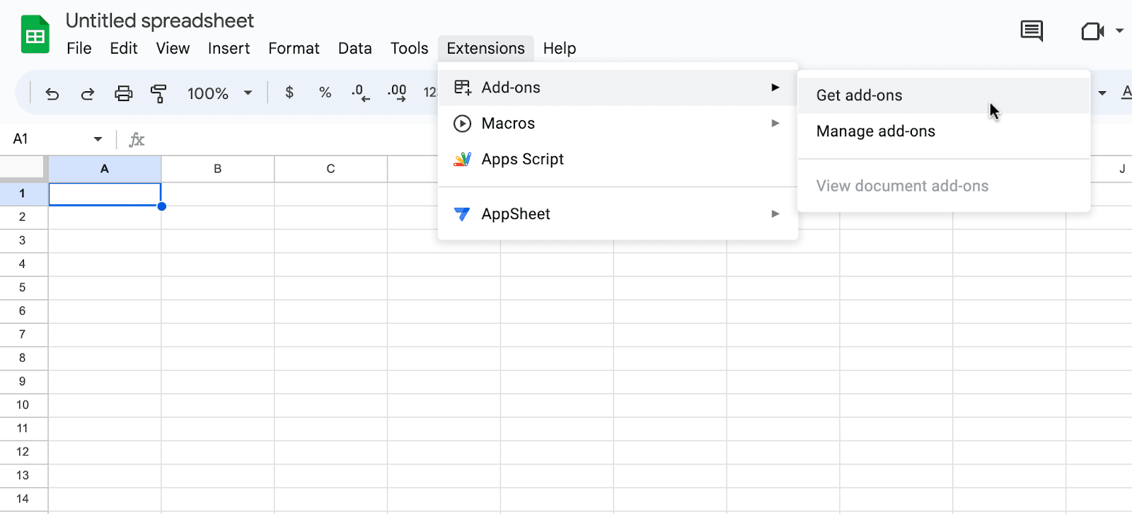 A new Google Sheets spreadsheet open in a web browser