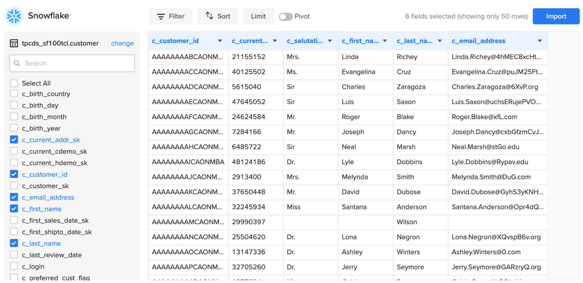 select snowflake fields to sync to excel