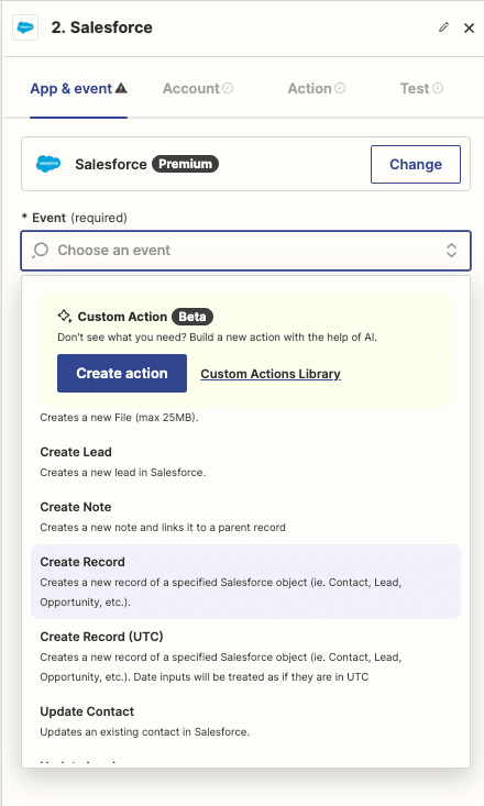 Choosing an action event, such as “Create Record” or “Update Record” in Zapier.