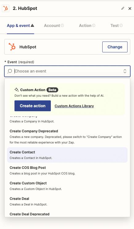 Choosing the event that will occur in HubSpot, such as “Create Contact.”