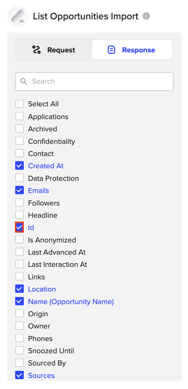 Choosing specific fields to import, such as ID, stage, tags, and last activity date.