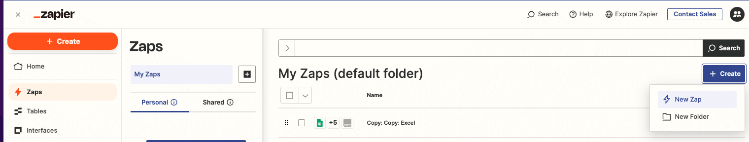 Clicking “+ Create” > “New Zap” to start a new automation in Zapier.