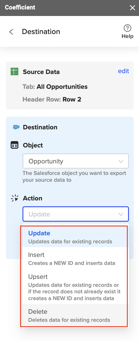 Defining your tab and header row for the export to Salesforce.